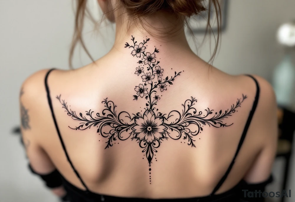 1.	Cherry Blossom Flow (Central Spine): A cascading cherry blossom flowing vertically along the spine to cover the central portion of the existing tattoo. Symmetrical patterns inspired by ornamental designs, with intricate curves and dotwork extending outward from the base of the spine. These elements should balance the floral motif and enhance the lower back area with a decorative, feminine flair.
	3.	Dotwork and Contouring: Delicate linework and dot patterns should be added around the floral design to give texture and seamlessly blend the tattoo with the surrounding skin. The ornamentation should curve naturally along the shape of the body, creating a cohesive, elegant look. tattoo idea