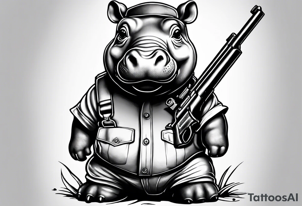 Baby hippo wearing overalls and holding a shotgun tattoo idea