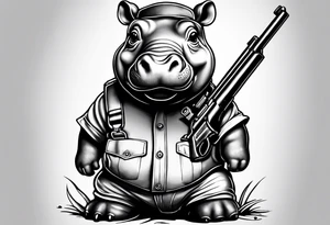 Baby hippo wearing overalls and holding a shotgun tattoo idea