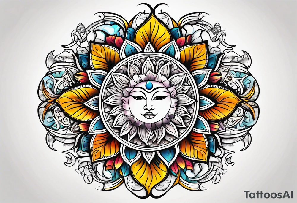 sun moon floral tattoo idea