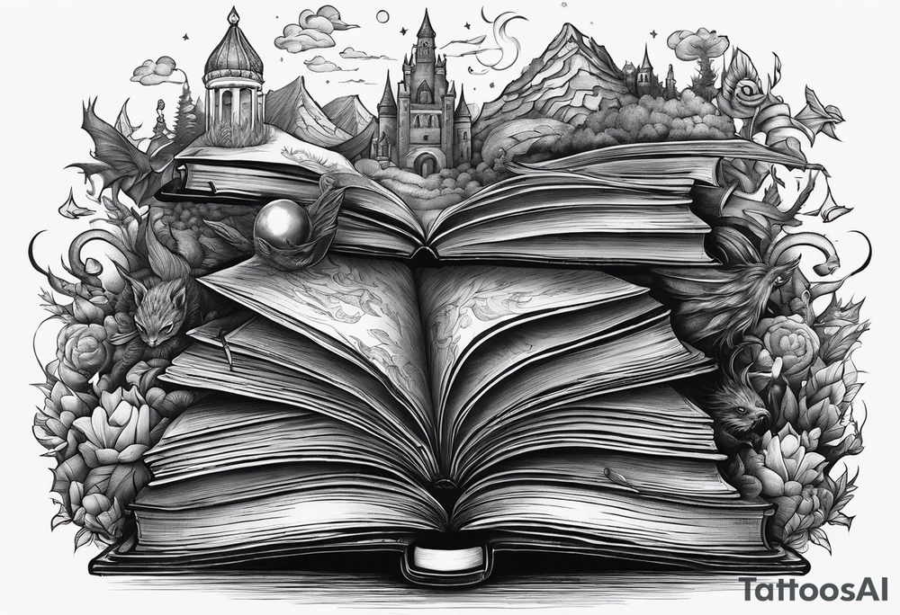 Stack of books surrounded by fantasy creatures tattoo idea