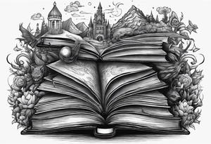 Stack of books surrounded by fantasy creatures tattoo idea