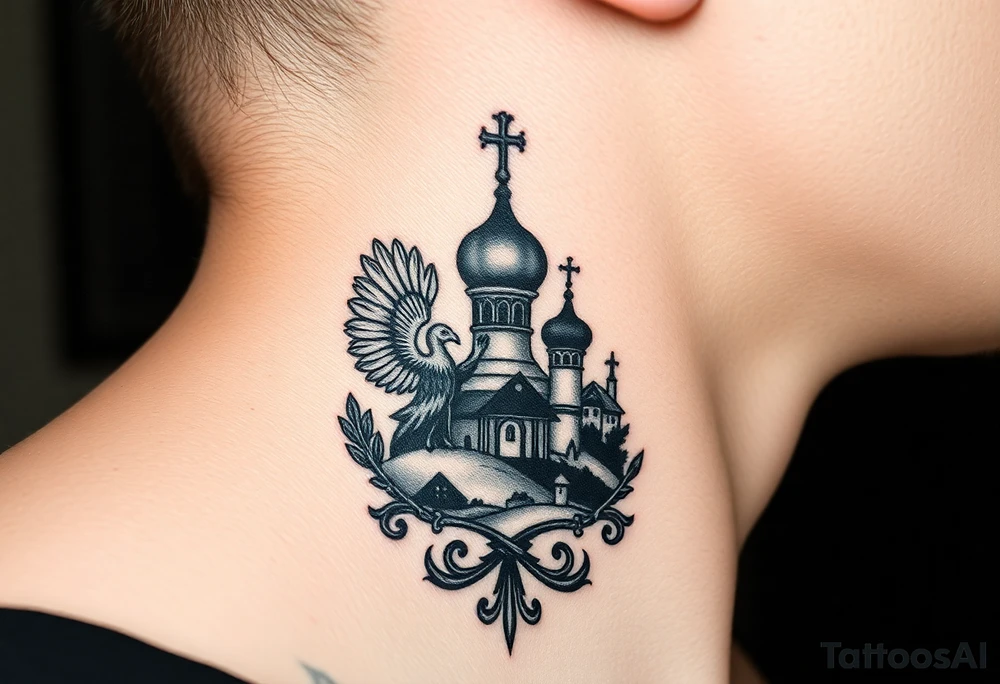Traditional authentic Russian coat of arms with a Christian orthodox virgin marry in the middle and silhouette in a Russian wilderness Christian orthodoxy dome church village setting on the side of my neck tattoo idea
