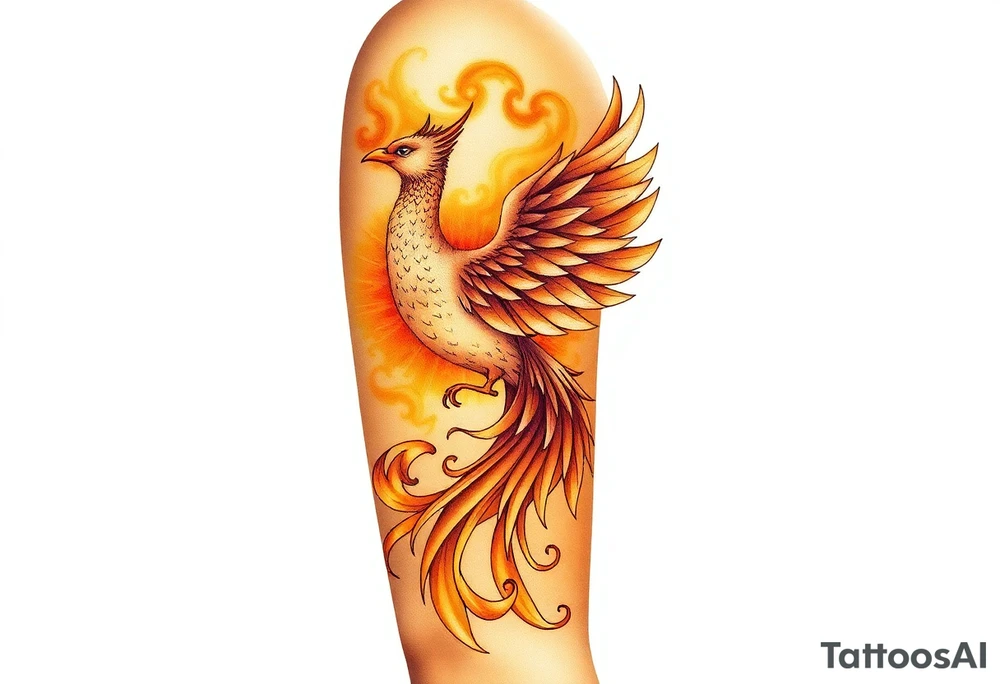magnificent phoenix rising from golden flames with trailing embers tattoo idea