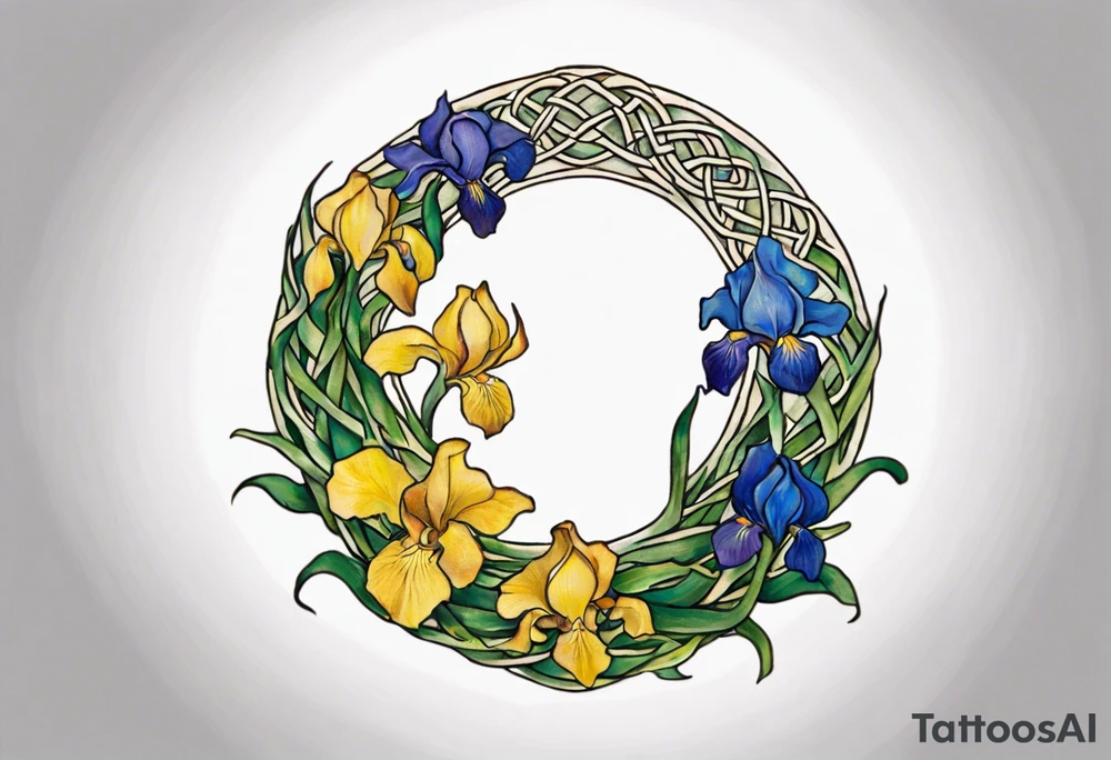 Create a small, colorful Vincent van Gogh Irises tattoo in the form of a crescent, with vines in Celtic knot style gracefully intertwining at a central point in the middle of the wreath. The intended placement is on the upper chest. The middle needs mountains. The overall design should be small in size while maintaining a delicate and artistic aesthetic. Pay attention to the graceful flow of the vines and the placement of the irises to achieve a refined and elegant look. tattoo idea