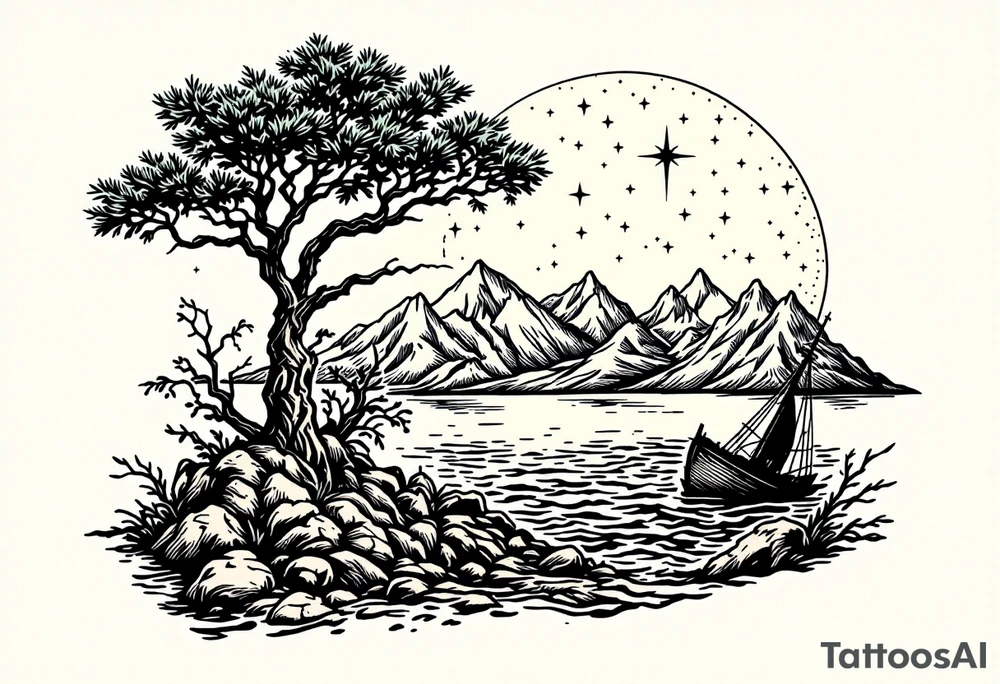 tattoo that has an acacia tree with mountains, ocean with a ship wreck and the northern star tattoo idea