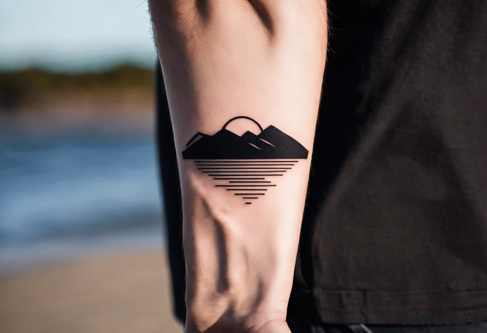 This is an extremely simple and minimalistic tattoo on male forearm. It is black and white with no color. The tattoo 6 inches wide by 3 inches tall. From the perspective of being on the ocean, Water is calm, with no waves in sight, the sun is setting behind the ocean, reflecting light onto the ocean. tattoo idea