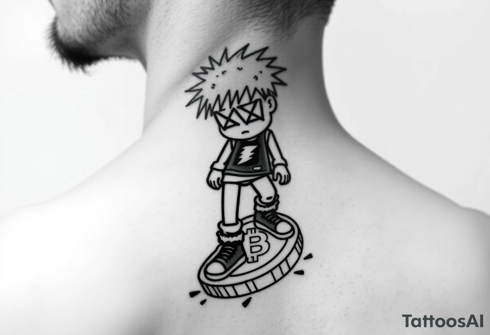 Create a custom neck tattoo stencil Use a street-art / pop-art vibe (cartoon figures, bold lines, X-ed out eyes). Have the main character stepping on a bitcoin, make them in todays street designer fashion if possible tattoo idea