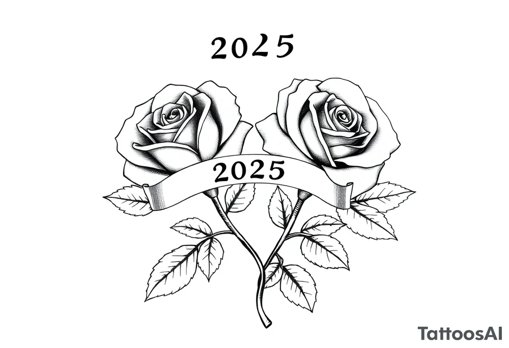 two beautiful large rose buds, one larger than the other, with many leaves and their stems intertwined, with one sitting higher than the other. Include a banner connecting the two roses with "2025" on it.  The word "Rose" written in Kanji above the drawing.  Use dark outlines with little shading. The two stems should connect and join into one stem, whimsically curved or twisted - not straight down. tattoo idea