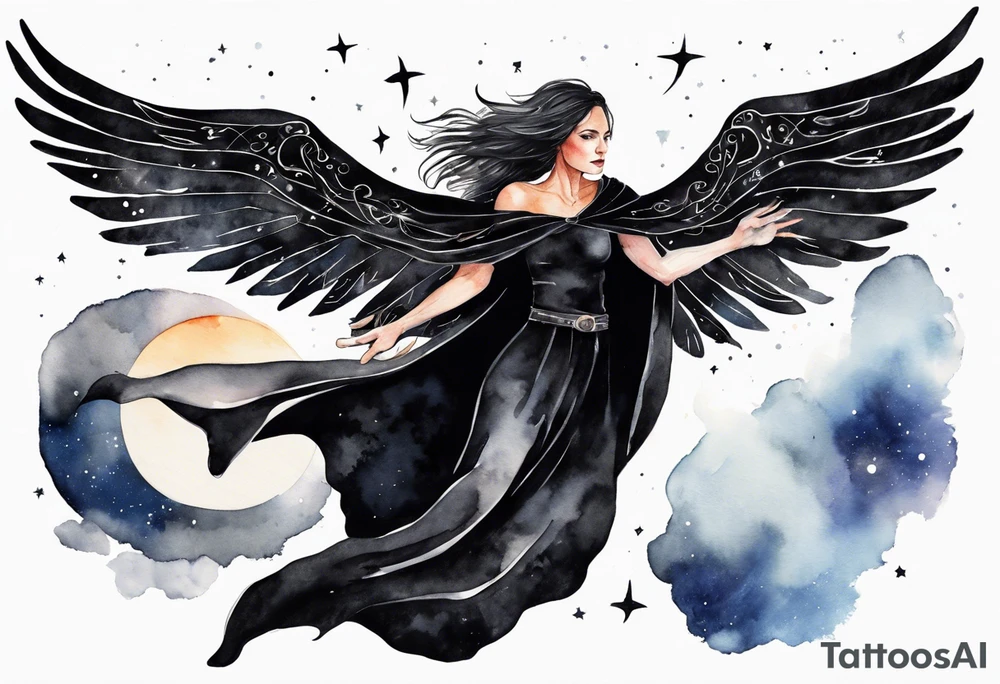 a beautiful 45 year old woman flying in the night sky with black wings, wearing a black cloak and gloves, bare feet tattoo idea