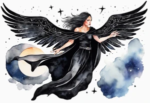 a beautiful 45 year old woman flying in the night sky with black wings, wearing a black cloak and gloves, bare feet tattoo idea