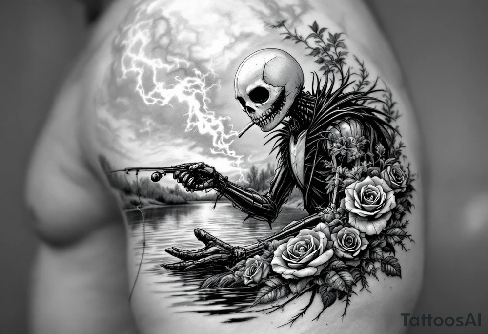 jack skellington fishing at river,smoking, thunder, roses, tattoo idea