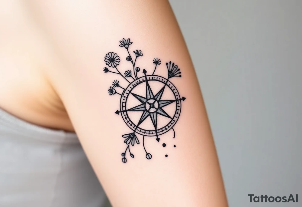 Abstract Compass with wild flowers flowing above and below the compass tattoo idea