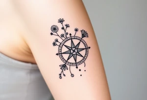 Abstract Compass with wild flowers flowing above and below the compass tattoo idea