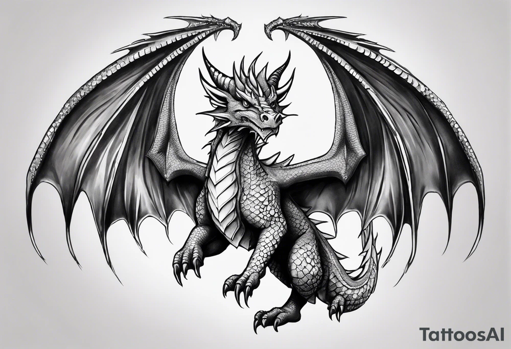 Symmetrical, Realistic dragon, facing forward. With both wings spread out. Torn look to wings. Tails wraps down and has a morning star weapon at the end of tail. The tattoo would be suitable for the centre of a chest tattoo idea