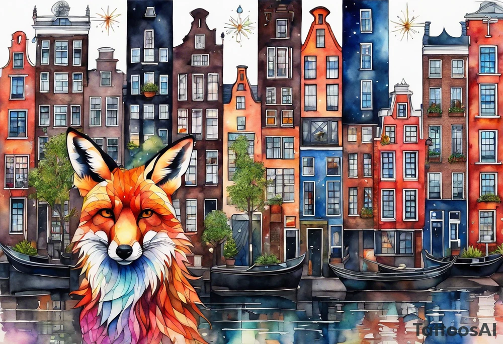 Animals, birds, stag, fox, watercolour of animals made from glass in Amsterdam featuring Amsterdam buildings and Amsterdam canal in galaxy colours featuring pineapples as space colours tattoo idea