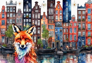 Animals, birds, stag, fox, watercolour of animals made from glass in Amsterdam featuring Amsterdam buildings and Amsterdam canal in galaxy colours featuring pineapples as space colours tattoo idea
