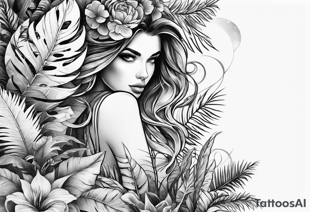 sleeve tattoo with all-seeing eye and jungle plants tattoo idea