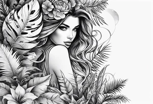 sleeve tattoo with all-seeing eye and jungle plants tattoo idea