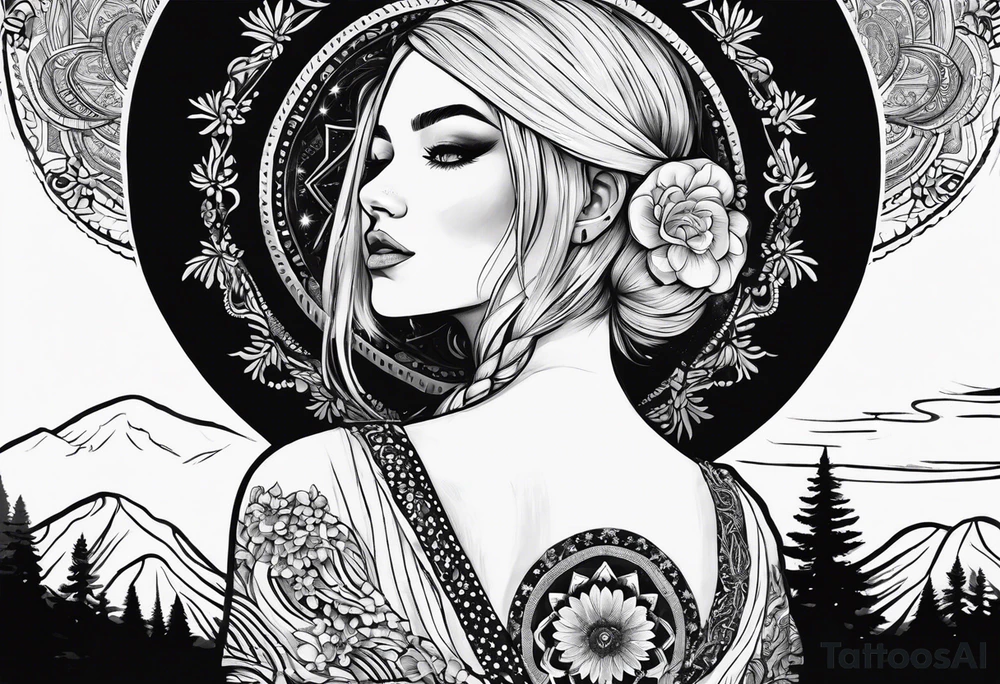 Straight blonde hair girl facing away toward mountains surrounded by mushrooms crescent moon mandala circular design black and white striped dress "8" braided into hair tattoo idea