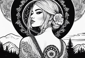 Straight blonde hair girl facing away toward mountains surrounded by mushrooms crescent moon mandala circular design black and white striped dress "8" braided into hair tattoo idea