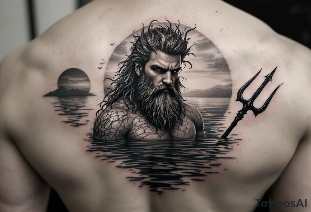 Poseidon half way under calm water with trident at sunset tattoo idea