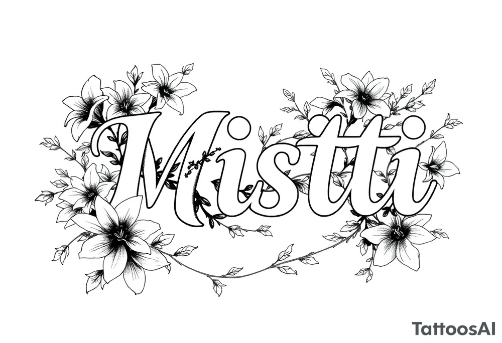 The word Misti surrounded by flowers, lilies. Vine in the letters. tattoo idea