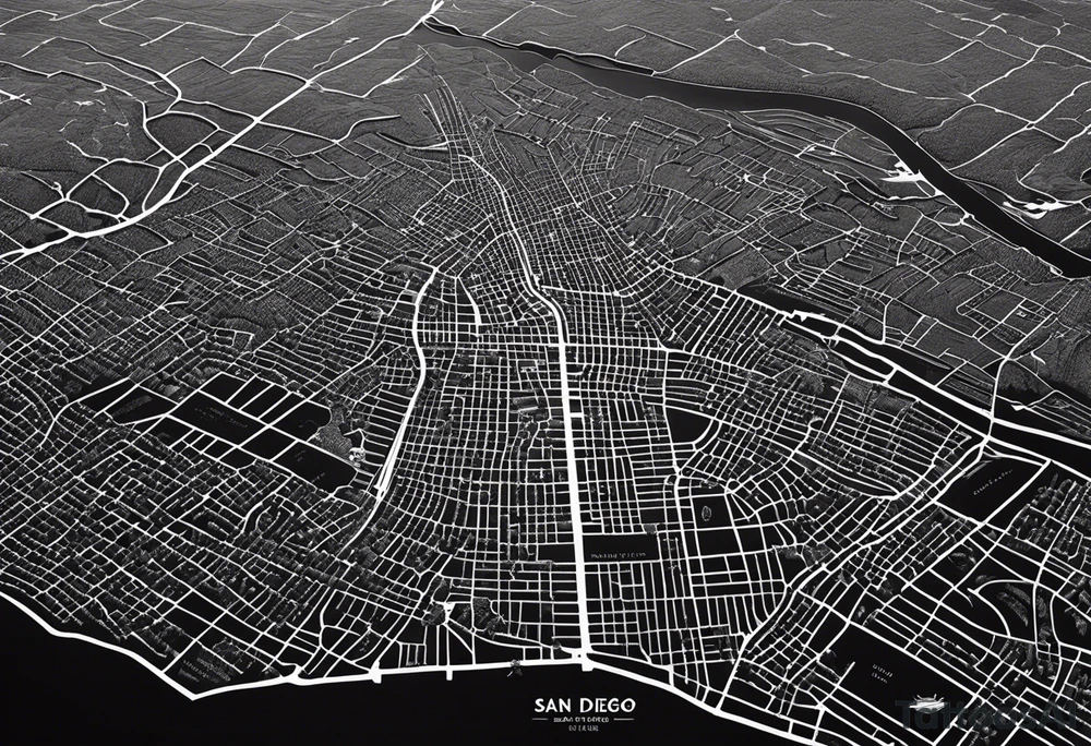 Draw a Streetmap with only one road from San Francisco to San Diego via Yosemite Park, Death Valley, Las Vegas, Grand Canyon, Joshua Tree and Los Angeles. DO it only in Black and White and in a minimalistic Style. tattoo idea
