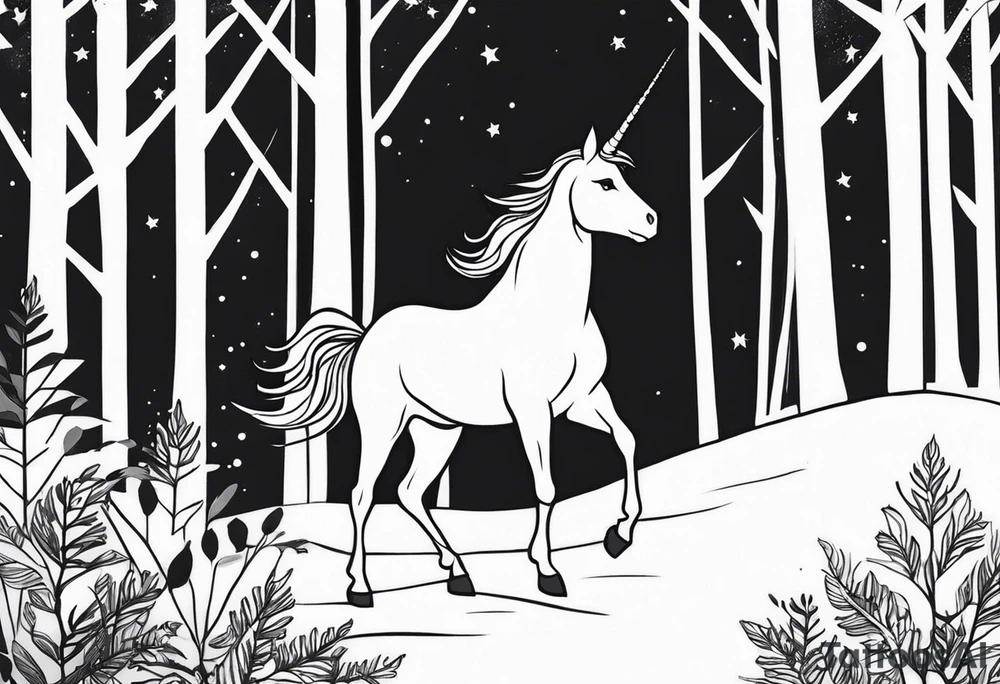 Unicorn in forest – Walking through an enchanted woodland. tattoo idea