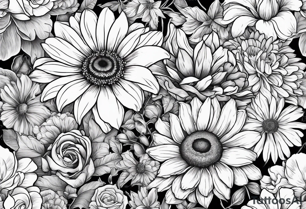 Roses, marigolds, cosmos, daisies, sweet peas and sunflowers tattoo idea