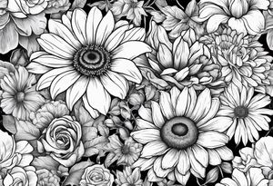 Roses, marigolds, cosmos, daisies, sweet peas and sunflowers tattoo idea