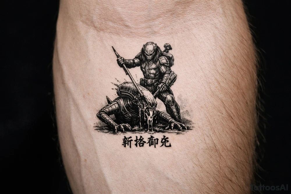 predator killing alien, alien is crawling from the ground. Predator stands up tall, driving his spear with his right hand through the xenomorphs big head with acid coming down. The predator's left shoulder has its laser gun pointed down. the Left forerarm has its famous doubled blade out. Below the image the japanese inscription for kirisute gomen tattoo idea