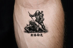 predator killing alien, alien is crawling from the ground. Predator stands up tall, driving his spear with his right hand through the xenomorphs big head with acid coming down. The predator's left shoulder has its laser gun pointed down. the Left forerarm has its famous doubled blade out. Below the image the japanese inscription for kirisute gomen tattoo idea