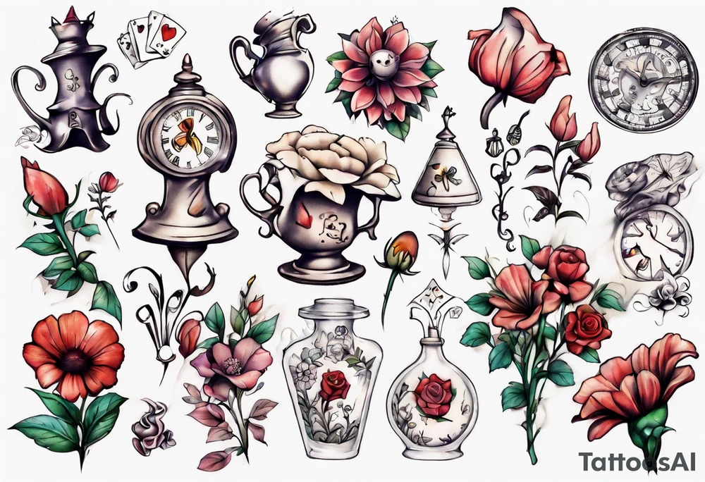 small Alice in wonderland flowers tattoo idea