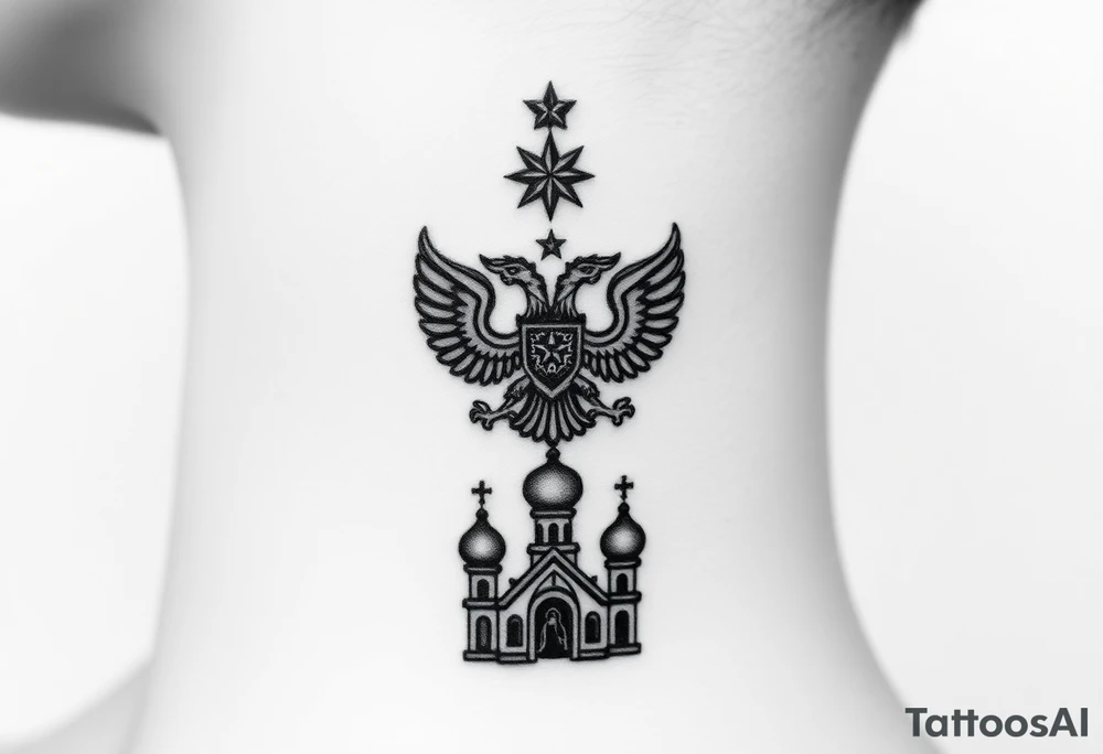 Stacked Vertical Column 

Russian star — small, bold
Middle: Miniature double-headed eagle — simplified, cleaner lines to suit the smaller space
Bottom: Orthodox church dome(s) with a small Virgin Mary silhouette beneath tattoo idea