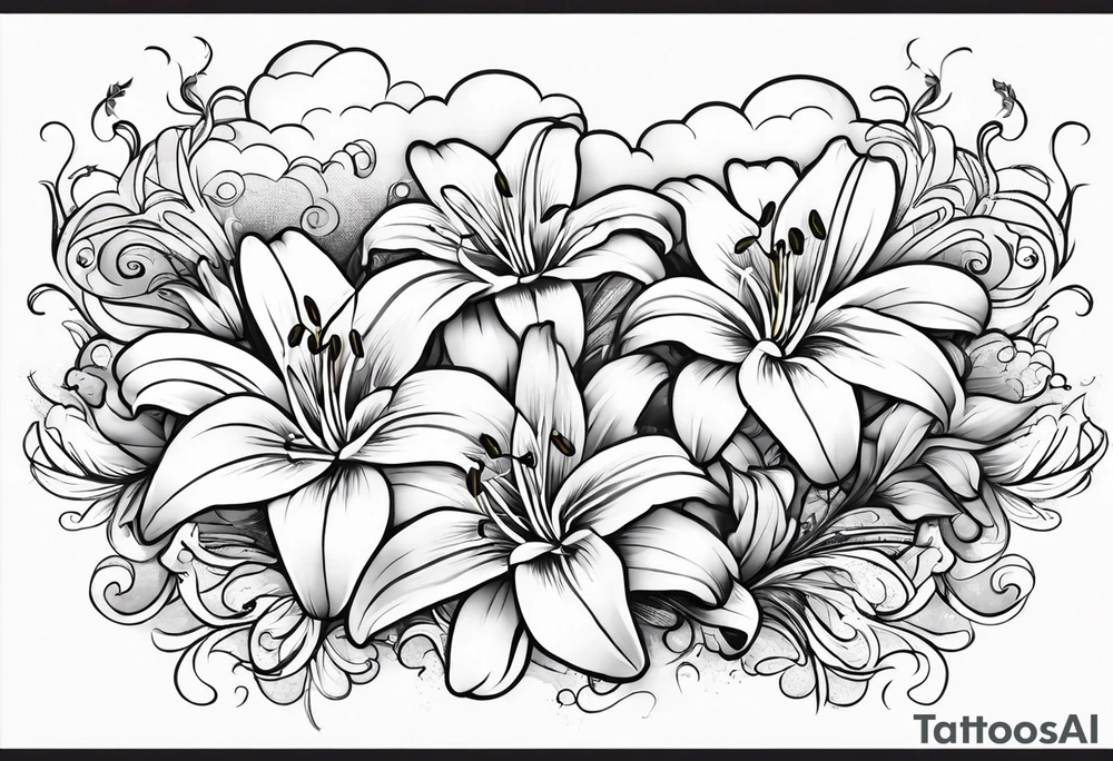 Clouds with lily flowers tattoo idea
