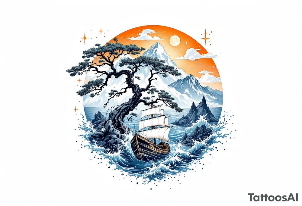 tattoo that has an acacia tree with mountains, ocean with a ship wreck and the northern star tattoo idea