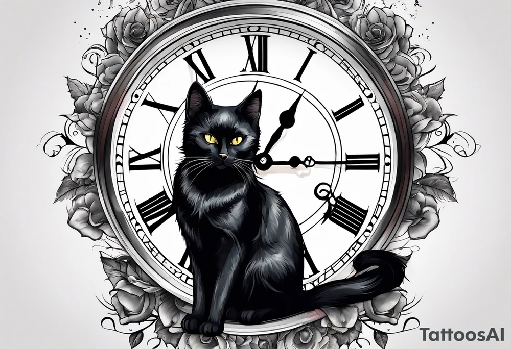 Black cat with a broken clock tattoo idea