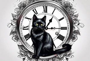 Black cat with a broken clock tattoo idea