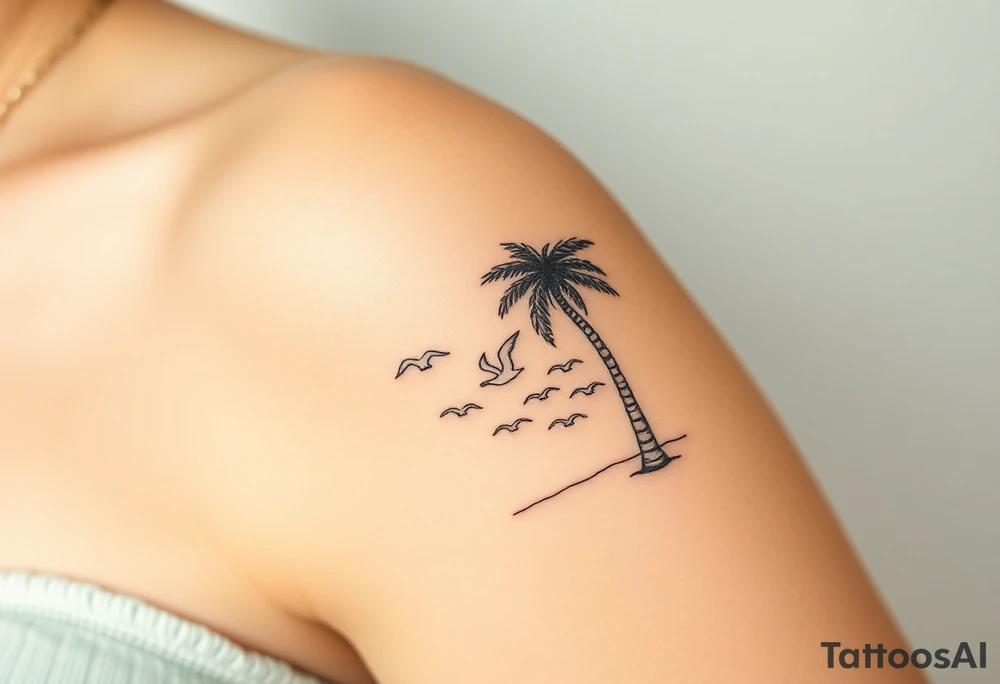 happy, peaceful, serene, timeless, ocean, sand, palm tree, seagulls, sun, subtle, masculine tattoo idea