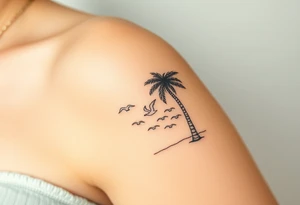 happy, peaceful, serene, timeless, ocean, sand, palm tree, seagulls, sun, subtle, masculine tattoo idea