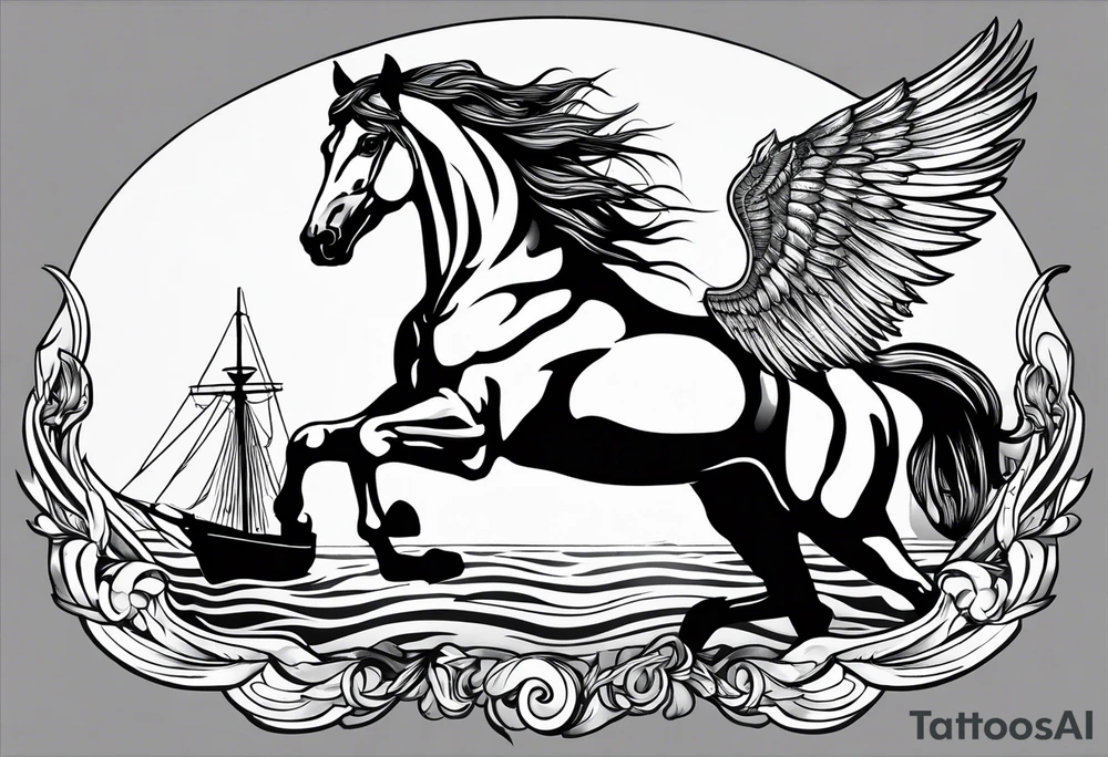 Horse with wings and a big ship in the wayer tattoo idea