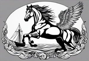 Horse with wings and a big ship in the wayer tattoo idea