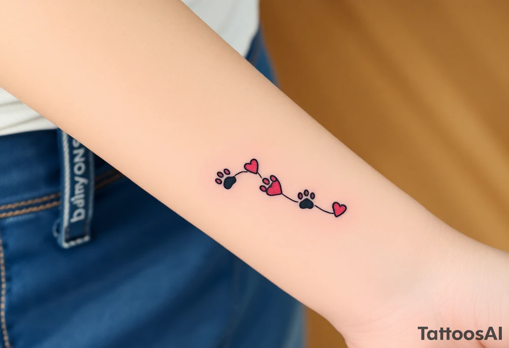 a lineal path of cat paw prints and hearts following the path tattoo idea