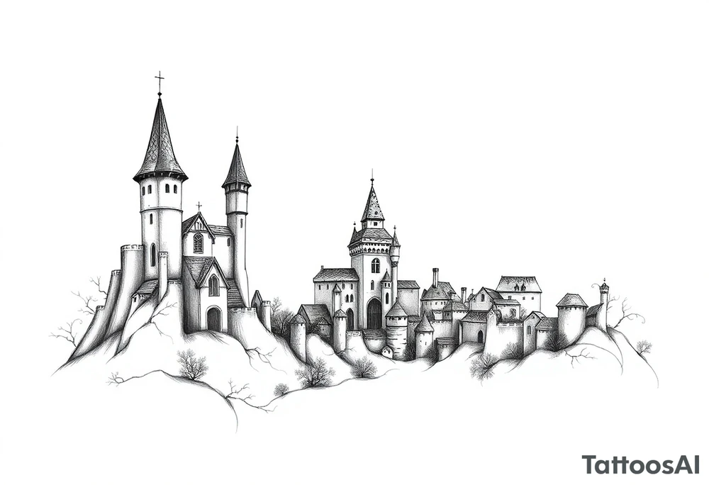 Midevieal scary castles and town tattoo idea