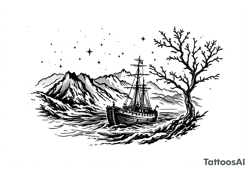 tattoo that has an acacia tree with mountains, ocean with a ship wreck and the northern star tattoo idea
