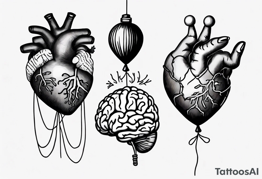 Woman's hand holding balloons tied to string, balloons in shape of anatomical heart and an anatomical brain tattoo idea