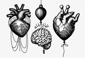 Woman's hand holding balloons tied to string, balloons in shape of anatomical heart and an anatomical brain tattoo idea