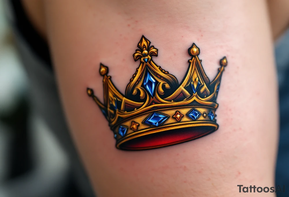 A regal gold crown tattoo adorned with deep red velvet lining, shimmering sapphire-blue gemstones, and subtle black shadowing underneath to give it a bold, three-dimensional look. tattoo idea