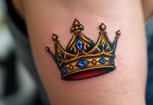 A regal gold crown tattoo adorned with deep red velvet lining, shimmering sapphire-blue gemstones, and subtle black shadowing underneath to give it a bold, three-dimensional look. tattoo idea